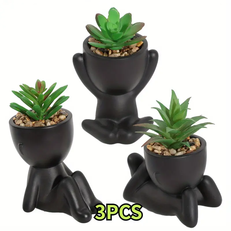 Set di 3 Piantine Artificiali in Vaso a Forma di Omino - Posizioni Diverse, Vasi in Plastica Nera