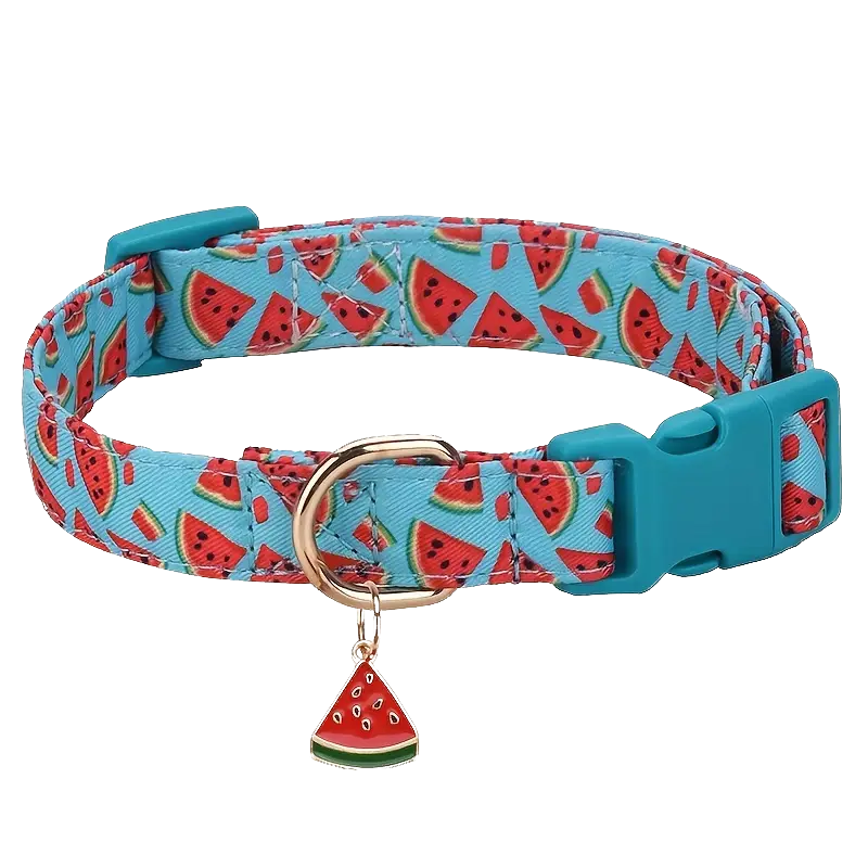👉 Collare Regolabile per Cani e Gatti con Stampa Fruttata 🍉 | Poliestere Resistente e Lavabile | Con Ciondolo in Metallo Elegante | Comodo e Sicuro per Animali Domestici 🐶🐱