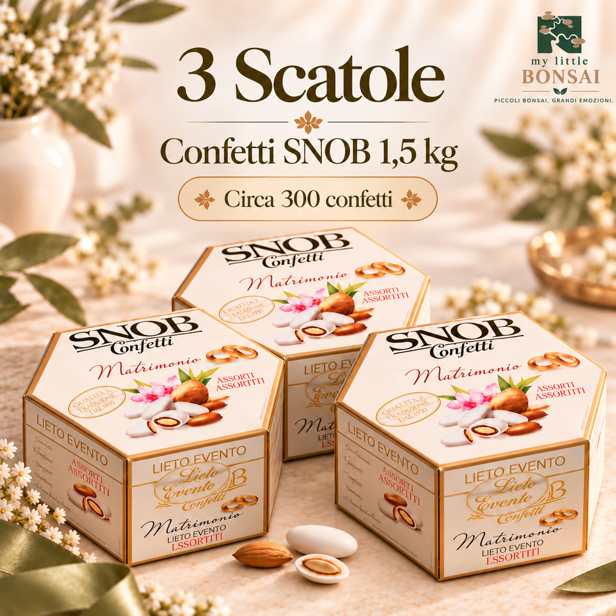 Confetti SNOB 500g – 6 Gusti Assortiti, circa 100 Confetti Monoimbustati | Scatola Portaconfetti