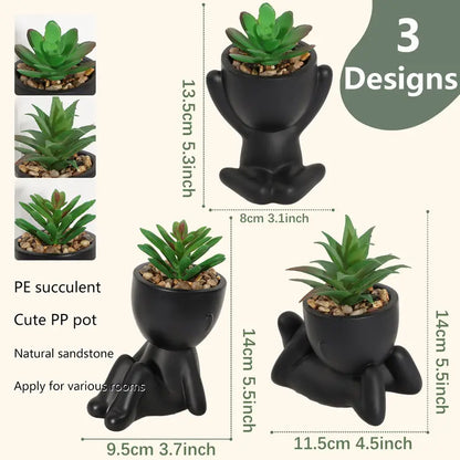 piantine artificiali, vasi a forma di omino, piantine in vaso, piantine finte, decorazioni originali, piantine arredamento casa, piantine in vaso plastica nera, piantine posizioni diverse, piantine moderne, piante decorative senza manutenzione.