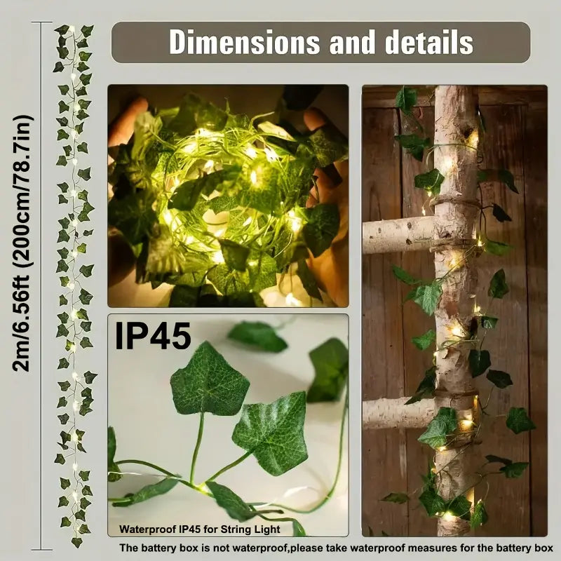 Ghirlanda di Edera con 20 LED - Luci a Filo con Foglie di Plastica, 2m/6.56ft, Alimentata a Batteria (Batterie AA Non Incluse)