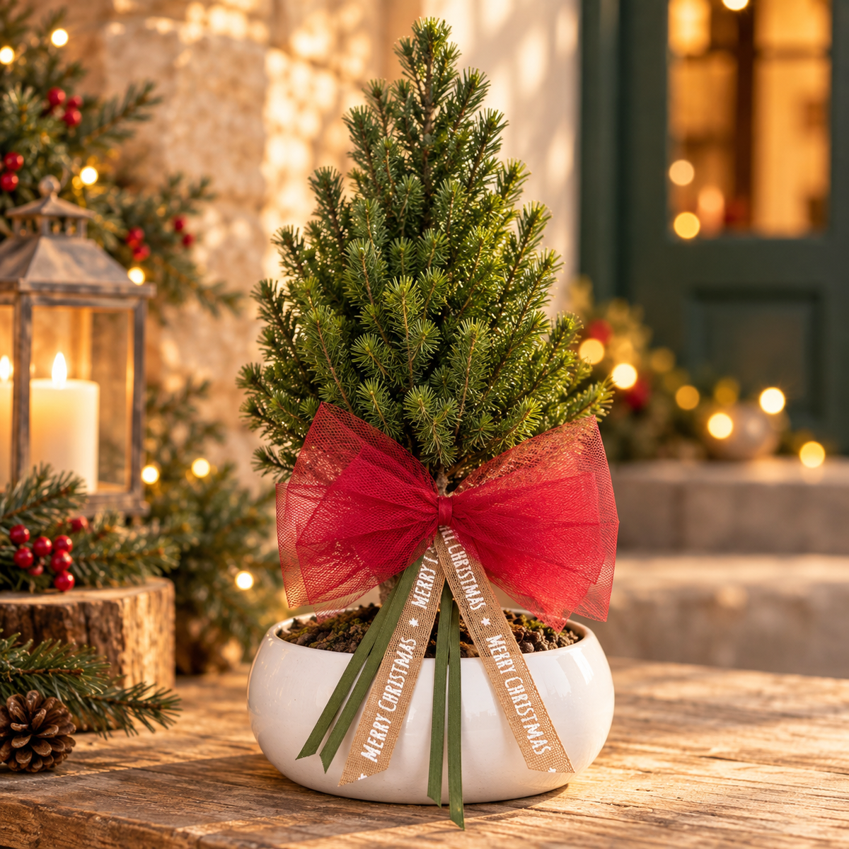 Bonsai di Abete Natalizio con Fiocco – Picea Glauca Perfecta