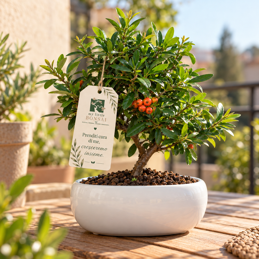 Bonsai di Pyracantha in ciotola bassa - bacche arancioni