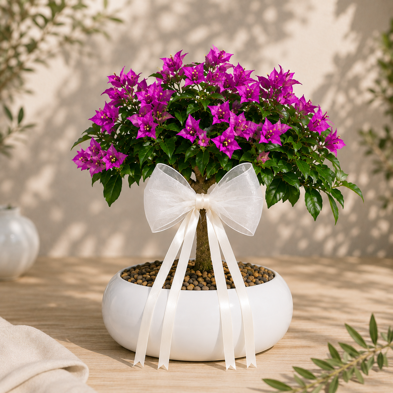Bonsai di Bougainvillea in ciotola bassa, bianca