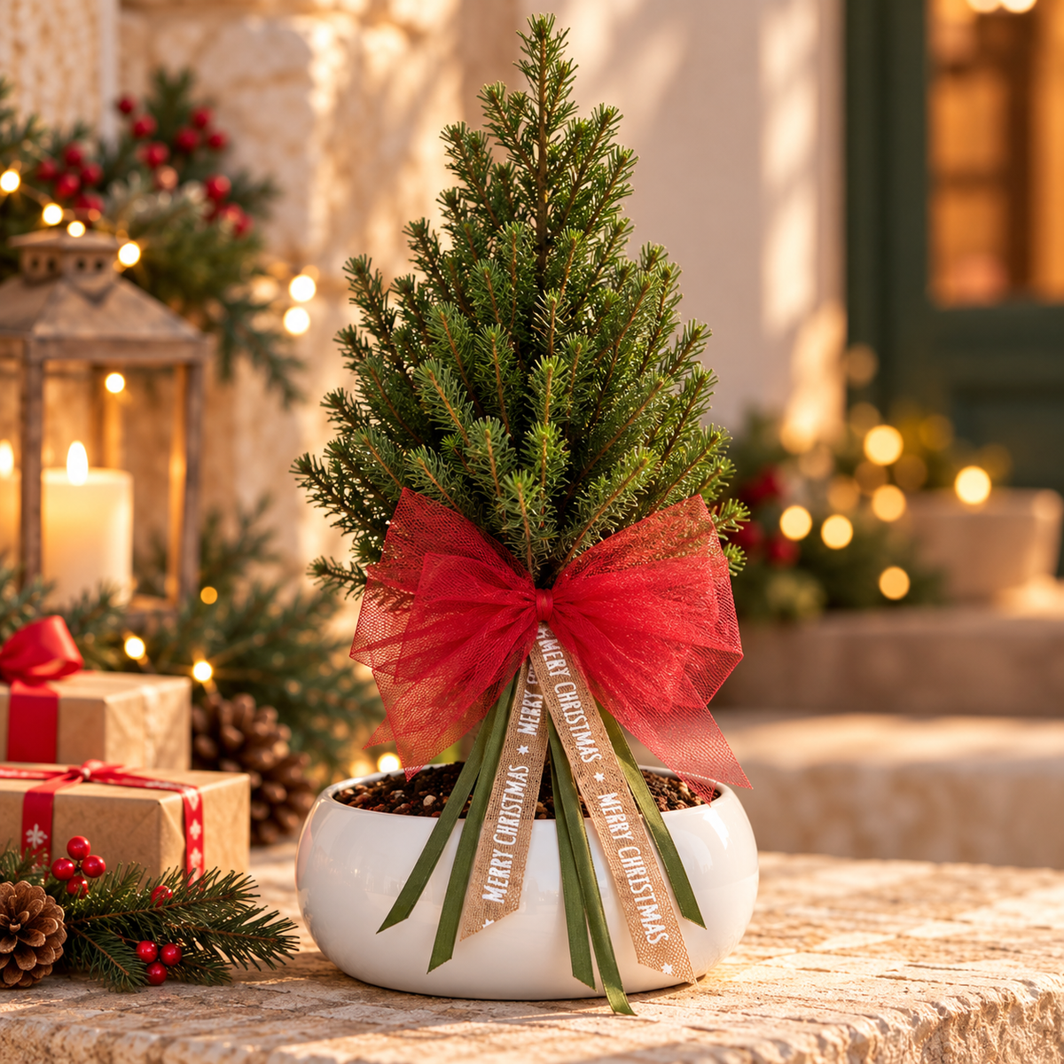 Bonsai di Abete Natalizio con Fiocco – Picea Glauca Perfecta