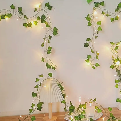 ghirlanda di edera con LED, luci a filo con LED, luci natalizie a batteria, decorazione pareti, luci per matrimoni, luci decorative a batteria, luci con foglie di plastica, luci per il Ringraziamento, ghirlanda LED 2 metri, luci decorative a LED per eventi, luci di Natale a batteria.

