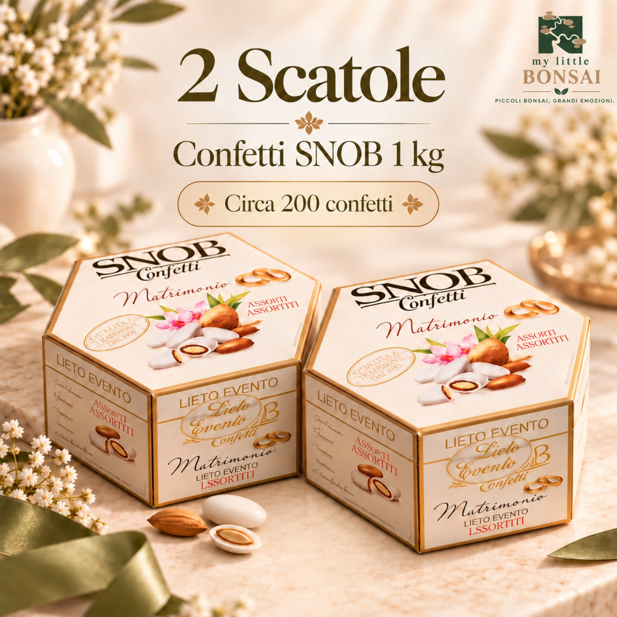 Confetti SNOB 500g – 6 Gusti Assortiti, circa 100 Confetti Monoimbustati | Scatola Portaconfetti