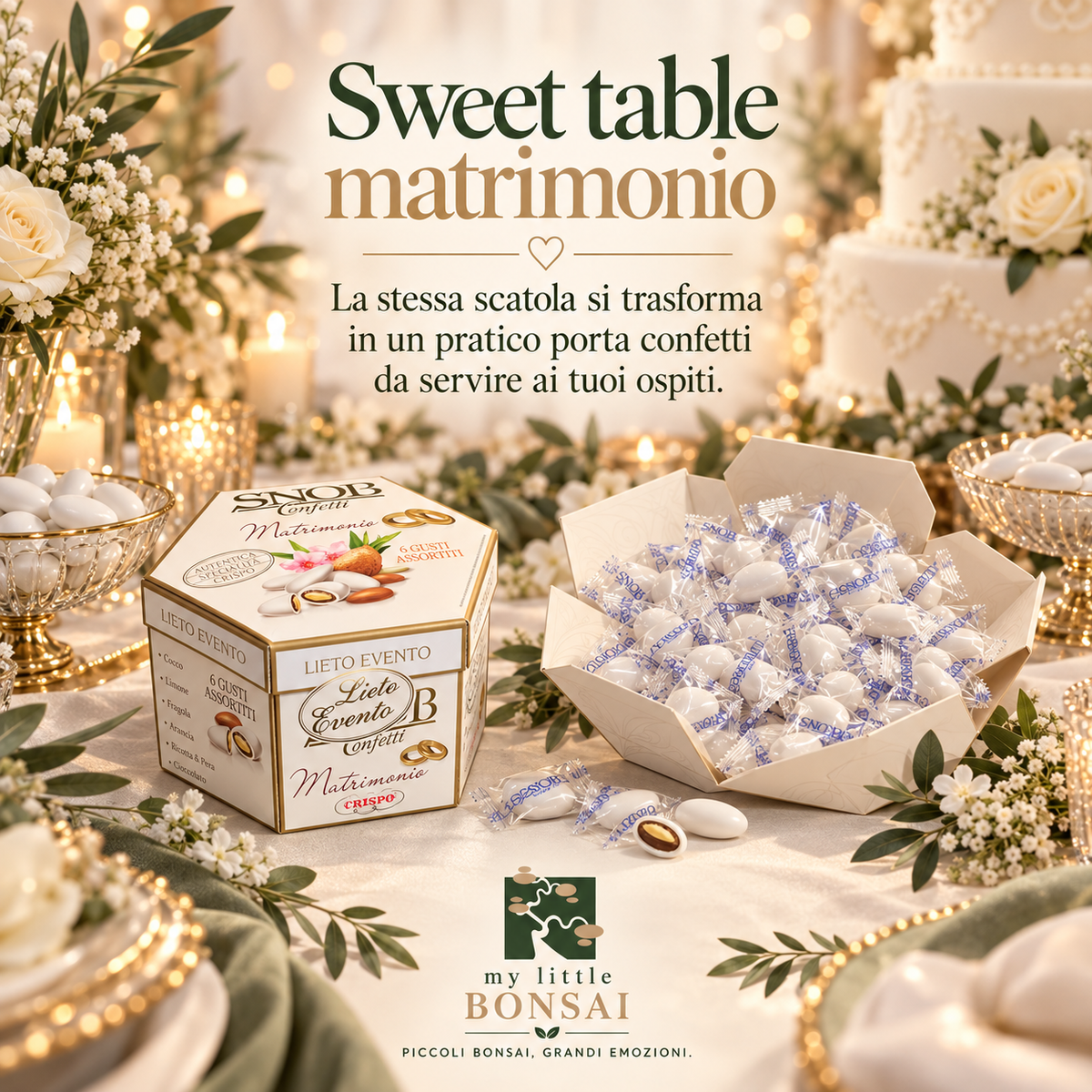 Confetti SNOB 500g – 6 Gusti Assortiti, circa 100 Confetti Monoimbustati | Scatola Portaconfetti