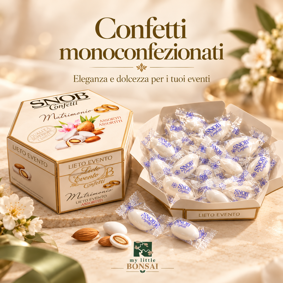 Confetti SNOB 500g – 6 Gusti Assortiti, circa 100 Confetti Monoimbustati | Scatola Portaconfetti