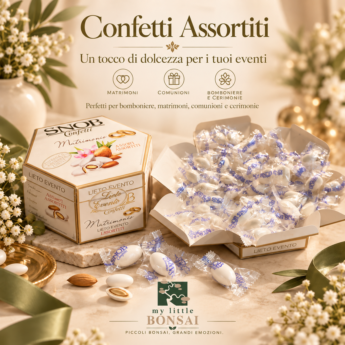 Confetti SNOB 500g – 6 Gusti Assortiti, circa 100 Confetti Monoimbustati | Scatola Portaconfetti